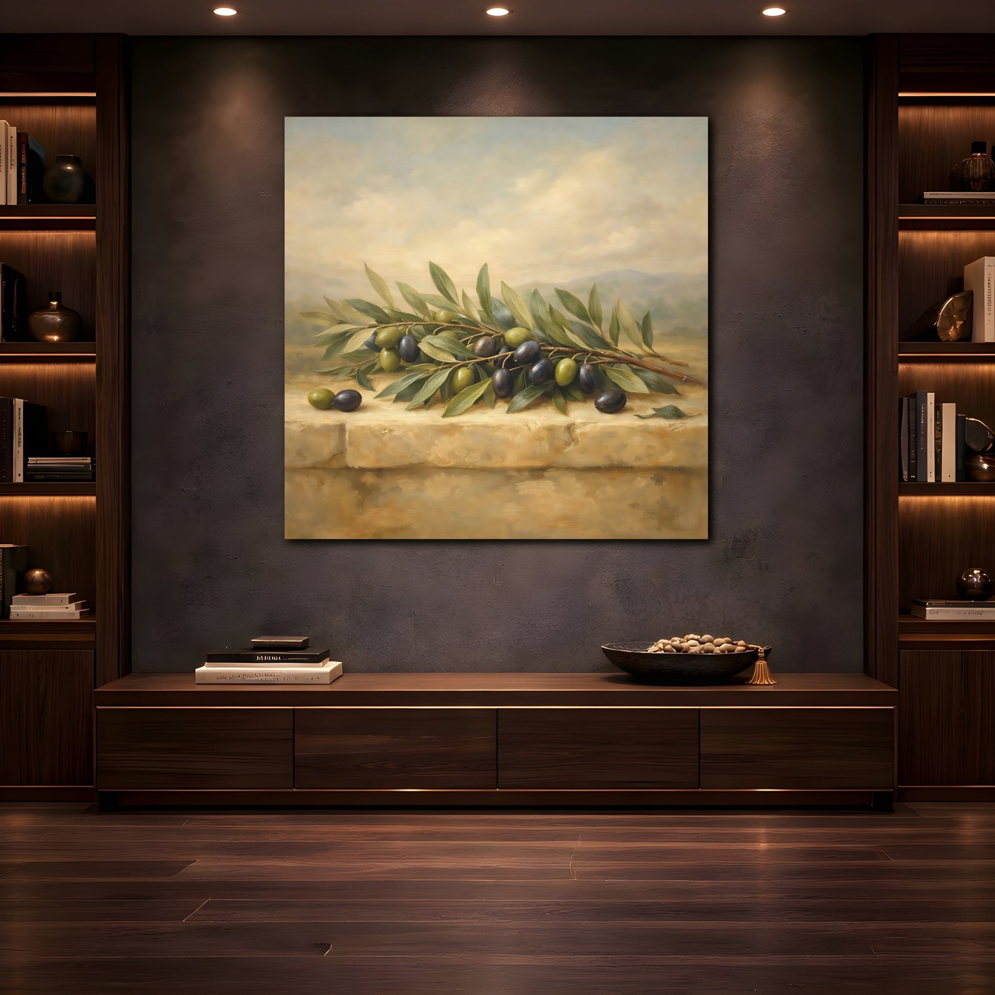 Mockup 4. Nature Olive Branches Green Olive Still Life shown as stretched canvas wall art