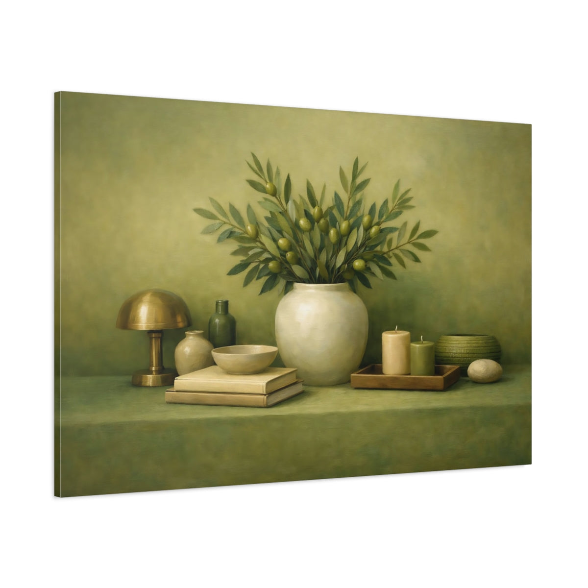 Main Mockup. Nature Olive Branches Green Still Life shown as stretched canvas wall art