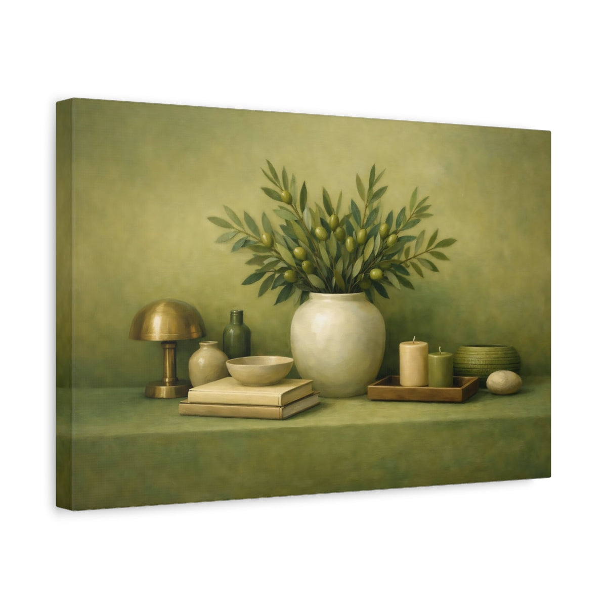 Side Mockup 4. Nature Olive Branches Green Still Life shown as stretched canvas wall art