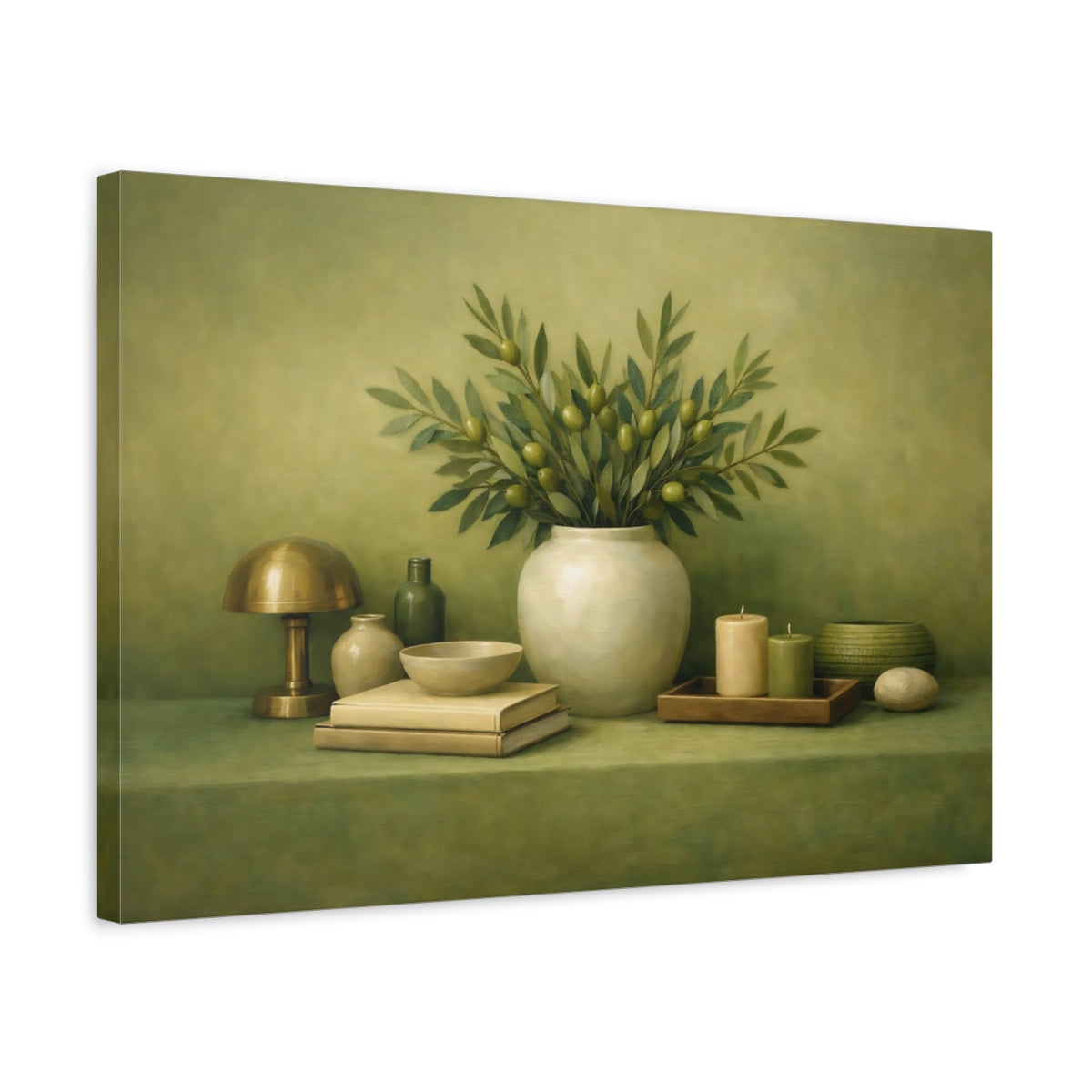 Side Mockup 3. Nature Olive Branches Green Still Life shown as stretched canvas wall art