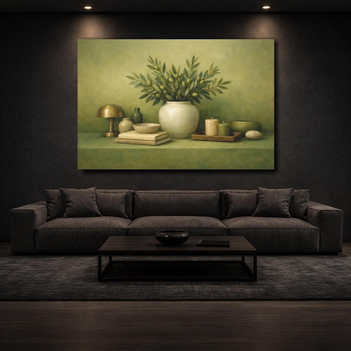 Mockup 2. Nature Olive Branches Green Still Life shown as stretched canvas wall art
