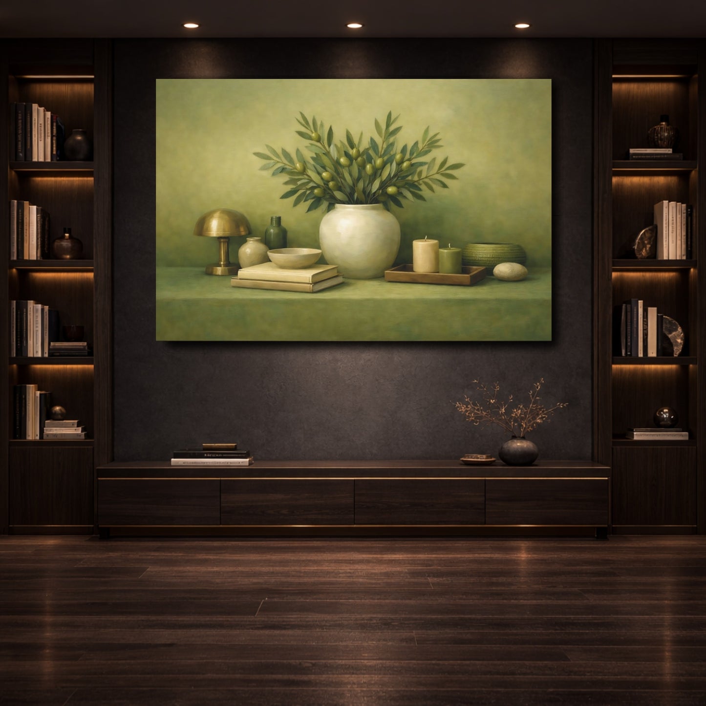 Mockup 3. Nature Olive Branches Green Still Life shown as stretched canvas wall art