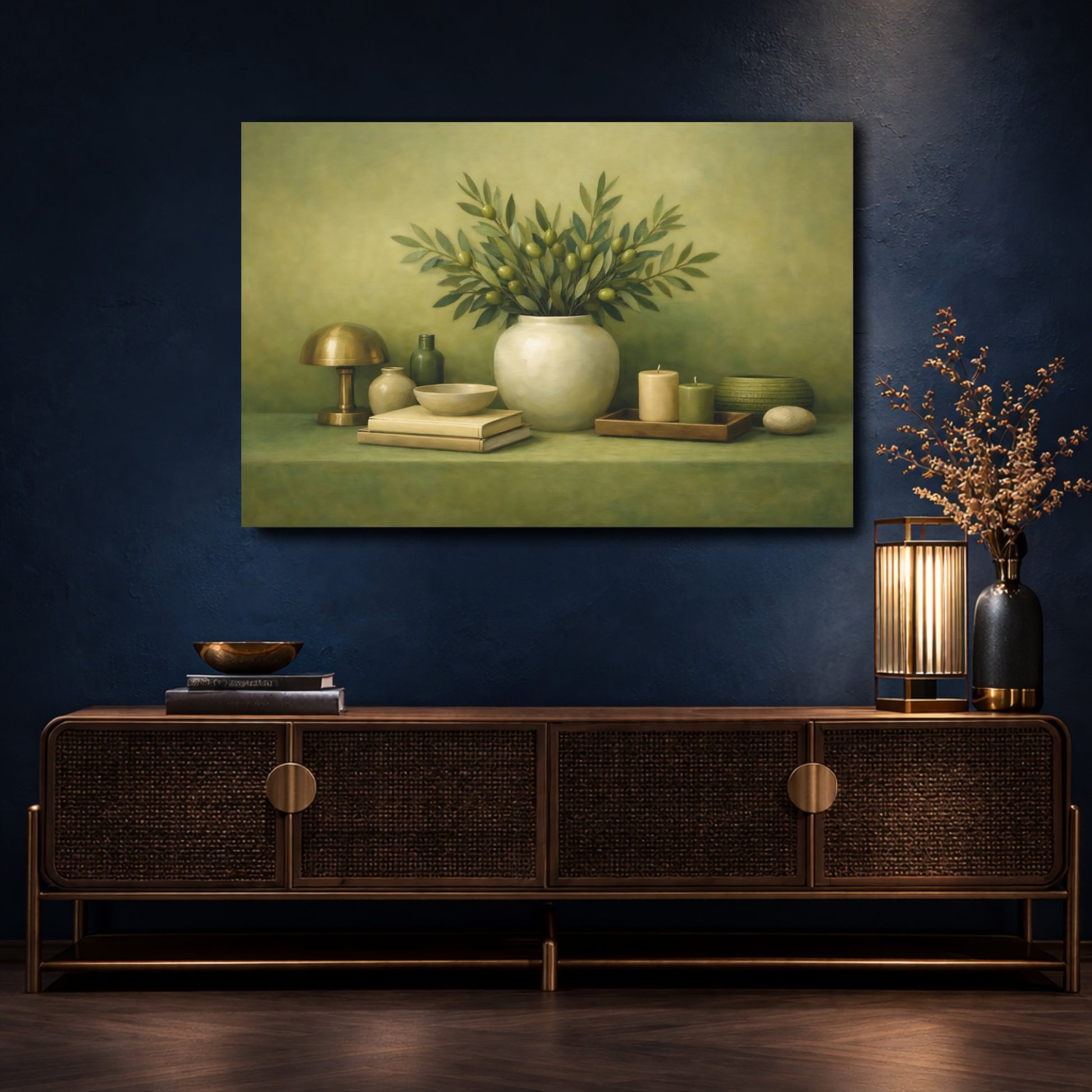 Mockup 4. Nature Olive Branches Green Still Life shown as stretched canvas wall art
