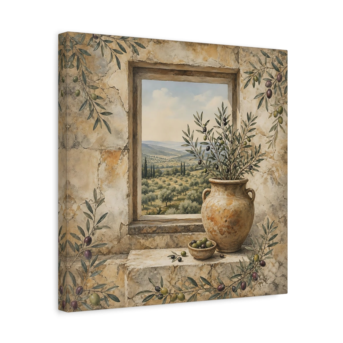 Side Mockup 6. Nature Olive Grove Olive Green And Stone shown as stretched canvas wall art