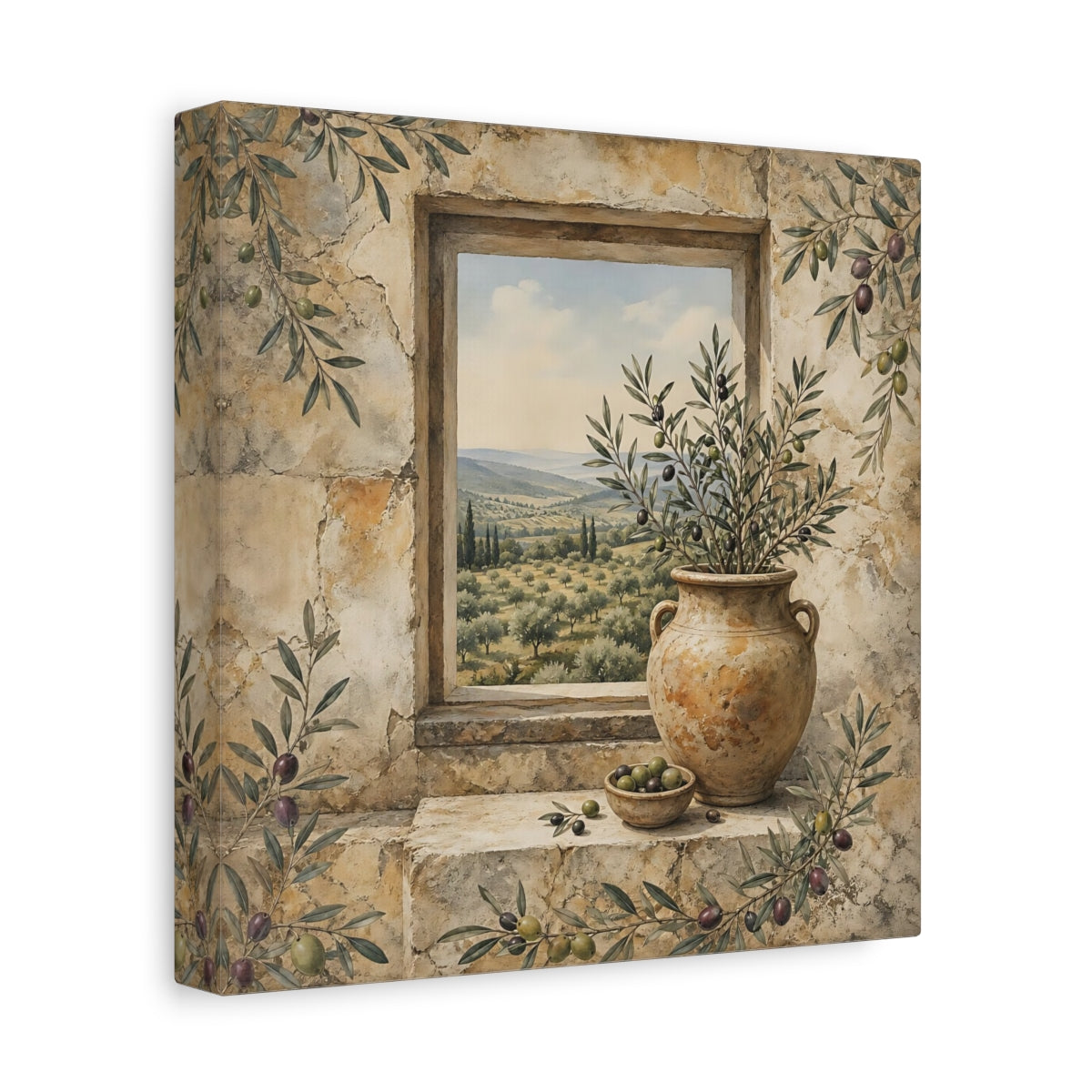 Side Mockup 9. Nature Olive Grove Olive Green And Stone shown as stretched canvas wall art