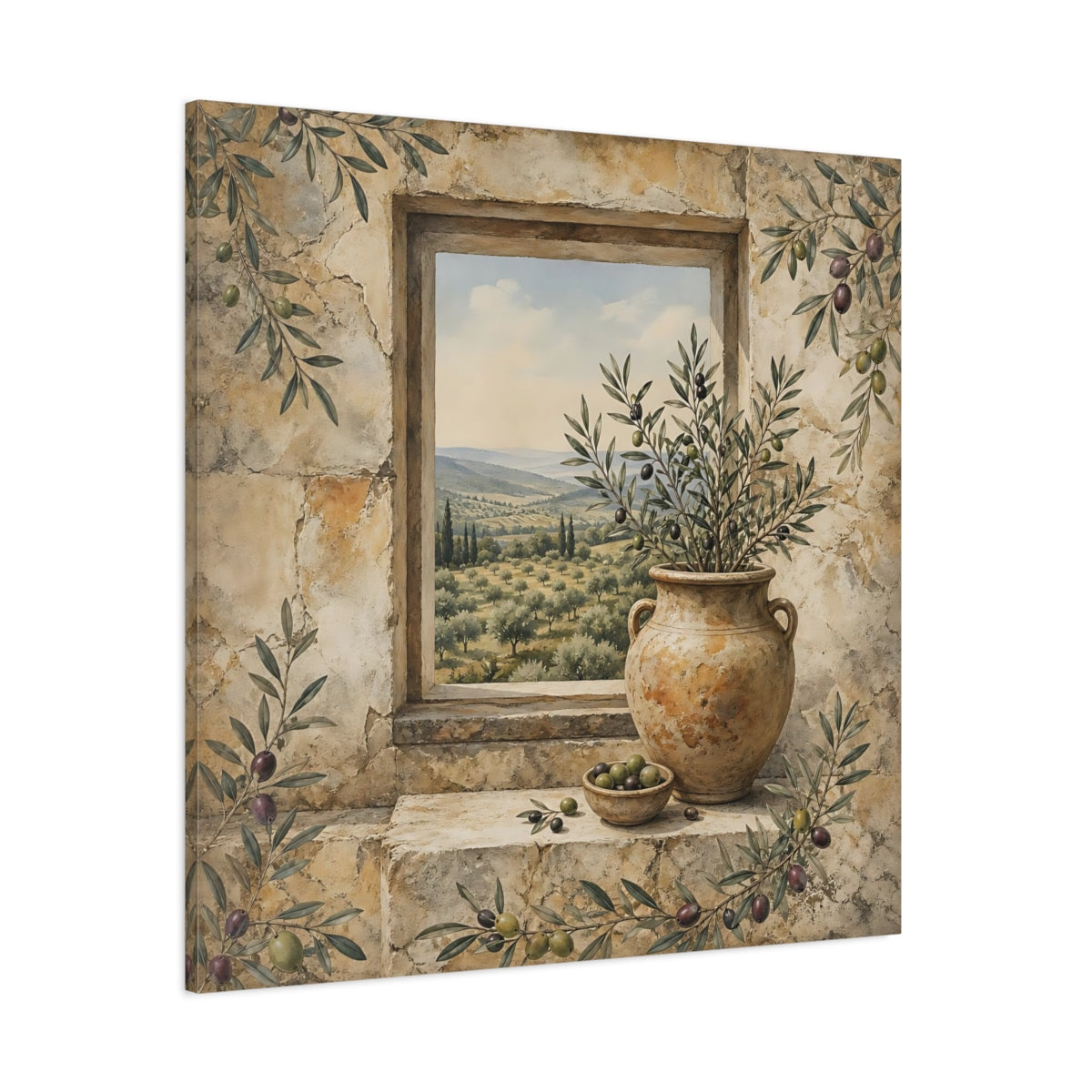 Side Mockup 1. Nature Olive Grove Olive Green And Stone shown as stretched canvas wall art
