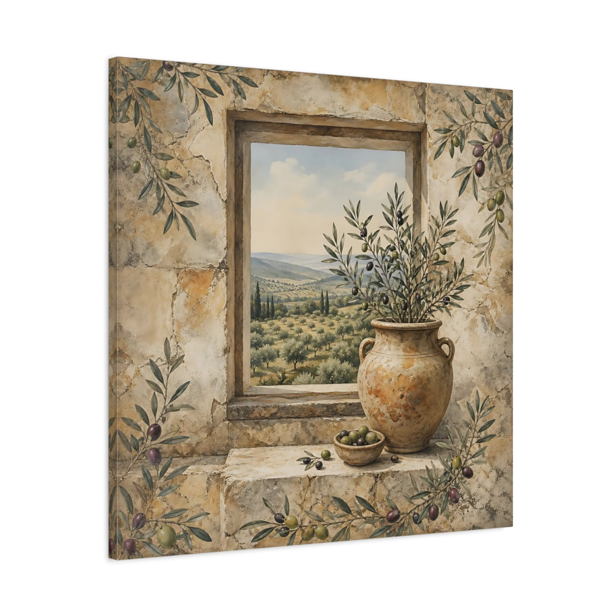 Side Mockup 3. Nature Olive Grove Olive Green And Stone shown as stretched canvas wall art