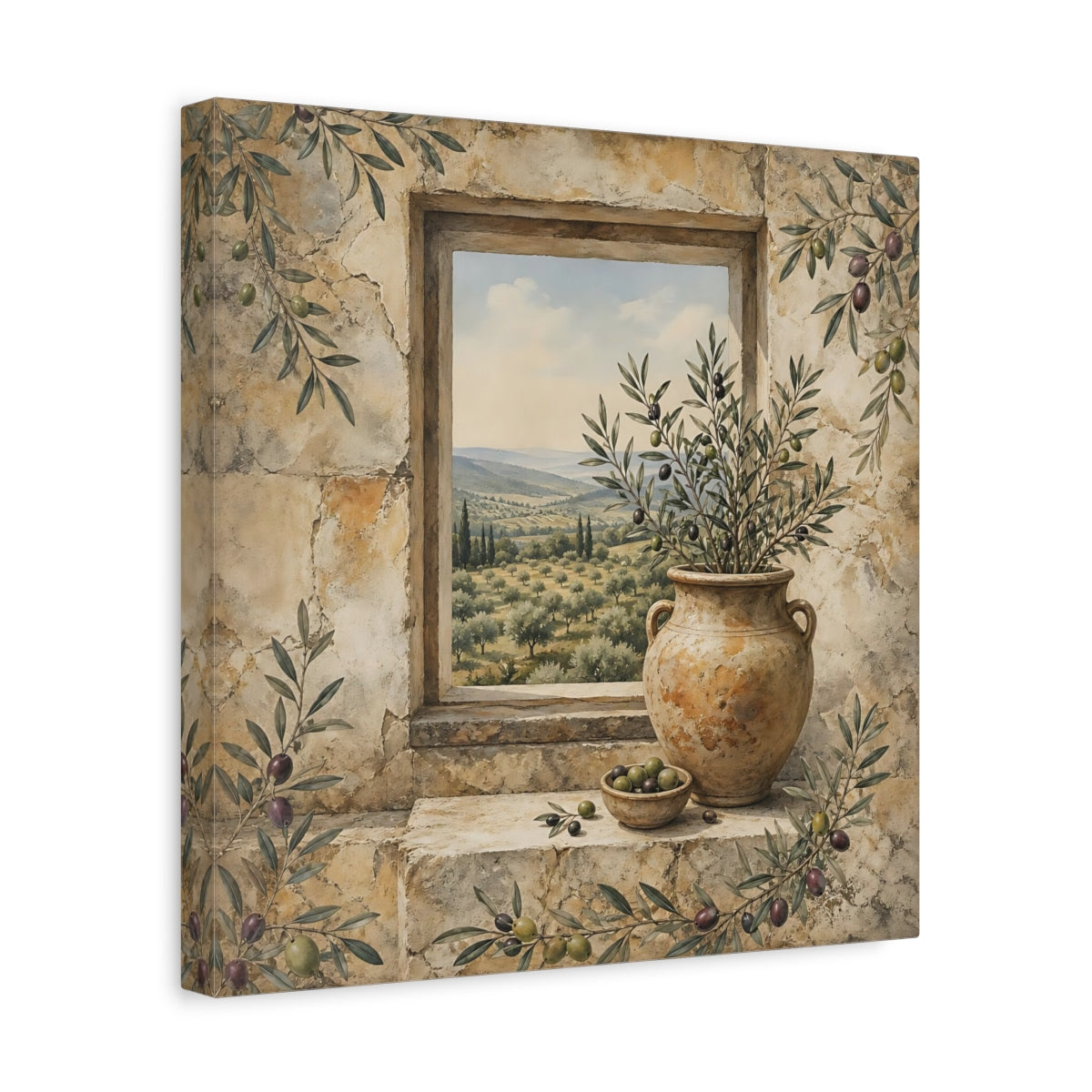 Side Mockup 7. Nature Olive Grove Olive Green And Stone shown as stretched canvas wall art