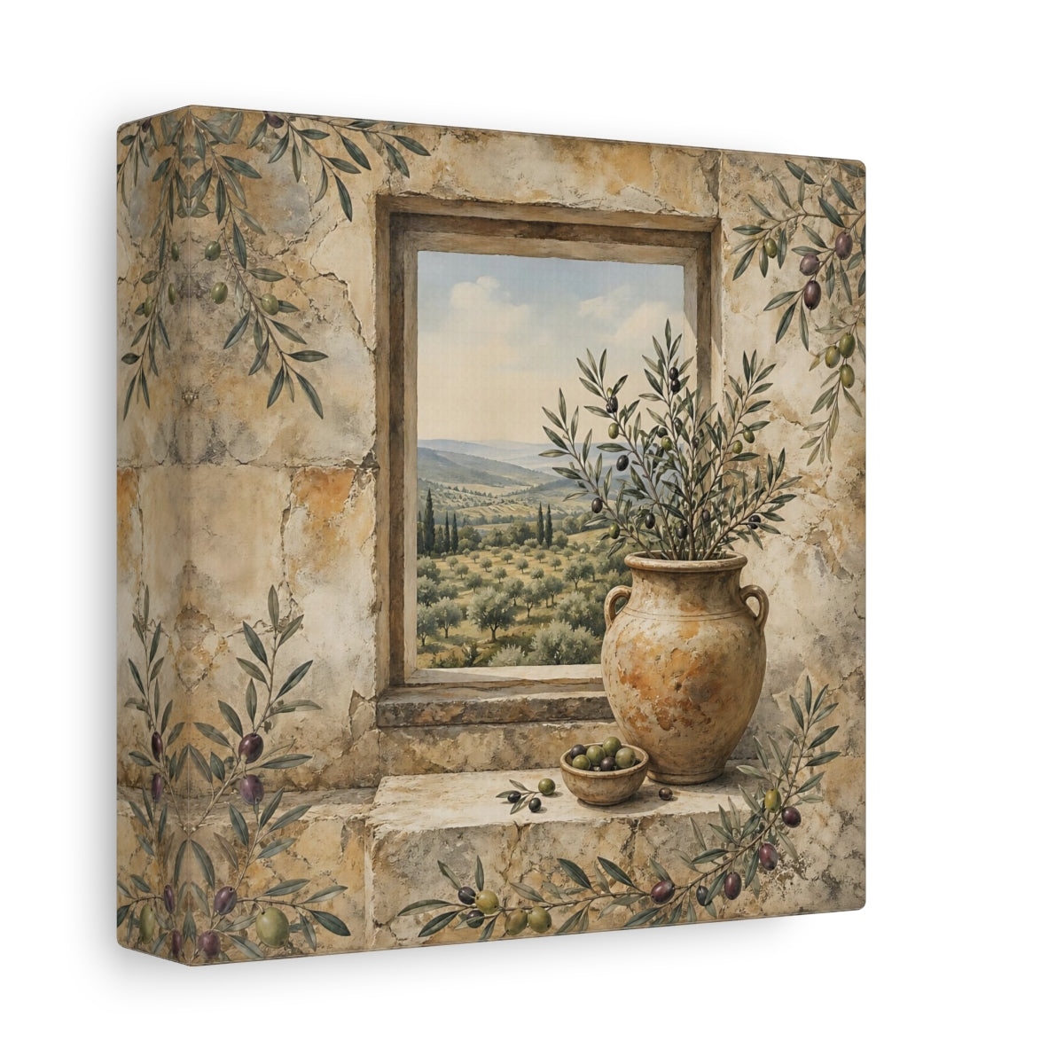Side Mockup 2. Nature Olive Grove Olive Green And Stone shown as stretched canvas wall art