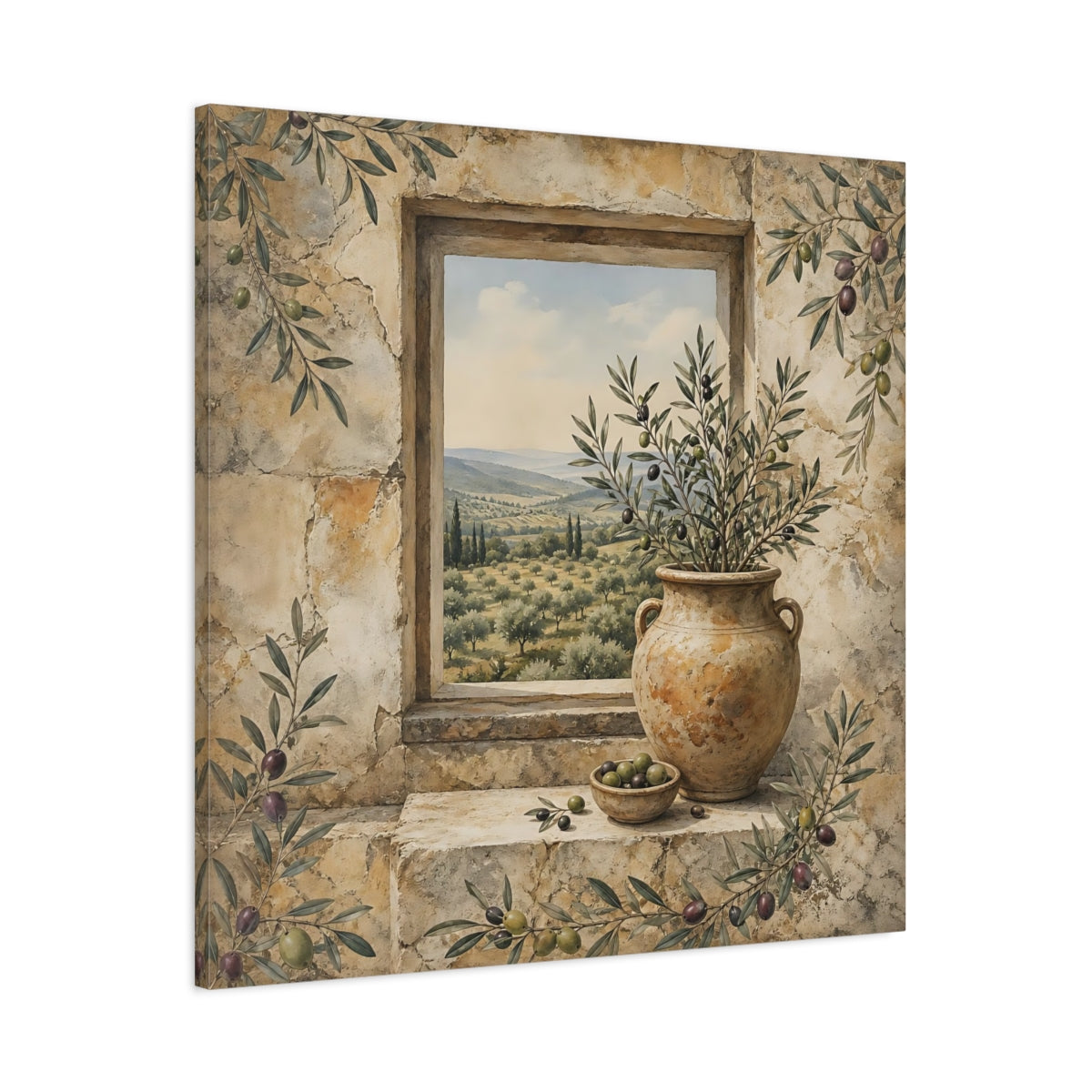 Main Mockup. Nature Olive Grove Olive Green And Stone shown as stretched canvas wall art