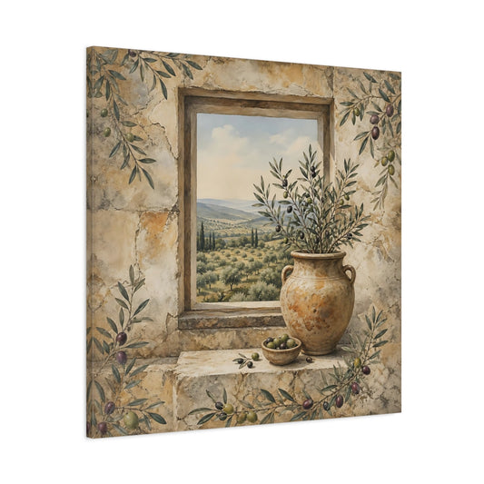 Main Mockup. Nature Olive Grove Olive Green And Stone shown as stretched canvas wall art