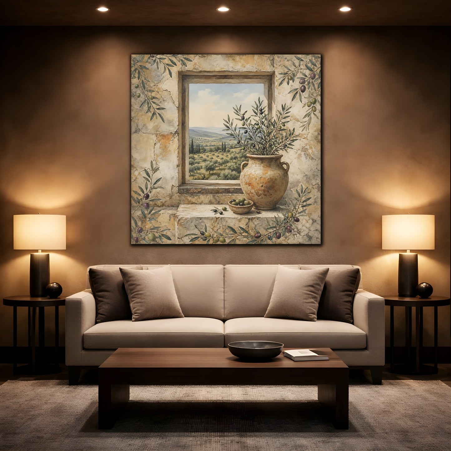 Mockup 2. Nature Olive Grove Olive Green And Stone shown as stretched canvas wall art