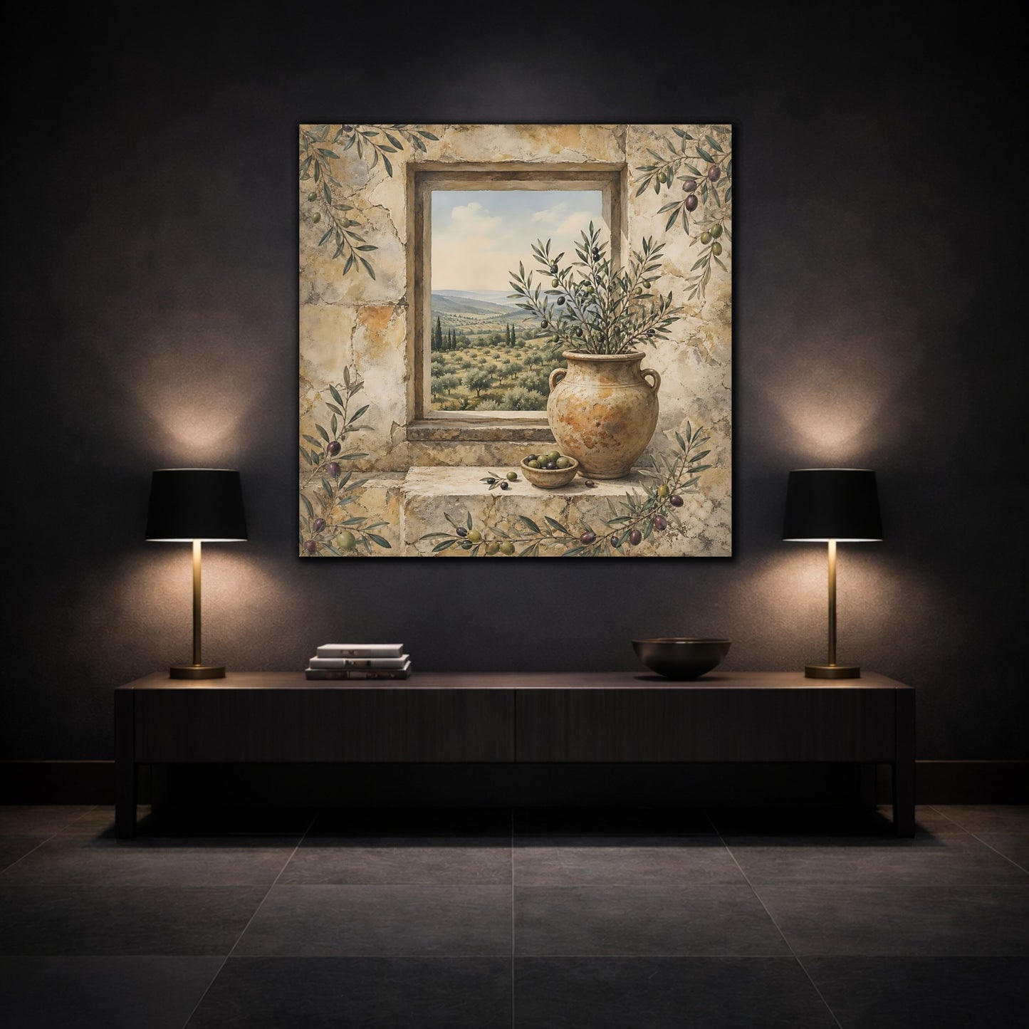 Mockup 3. Nature Olive Grove Olive Green And Stone shown as stretched canvas wall art