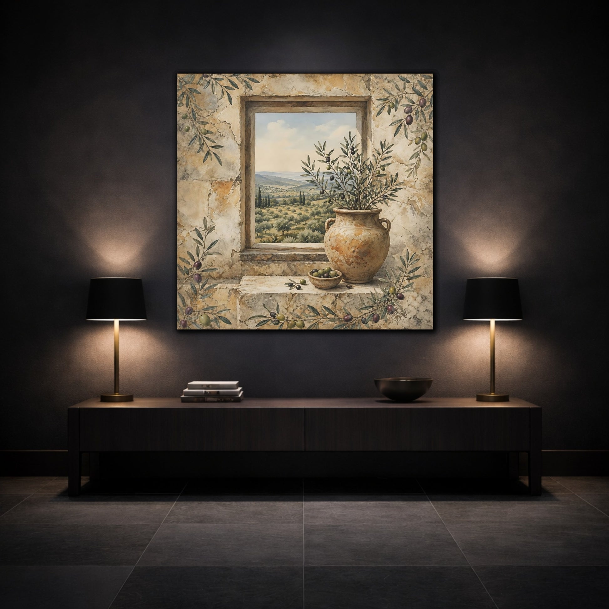 Mockup 3. Nature Olive Grove Olive Green And Stone shown as stretched canvas wall art