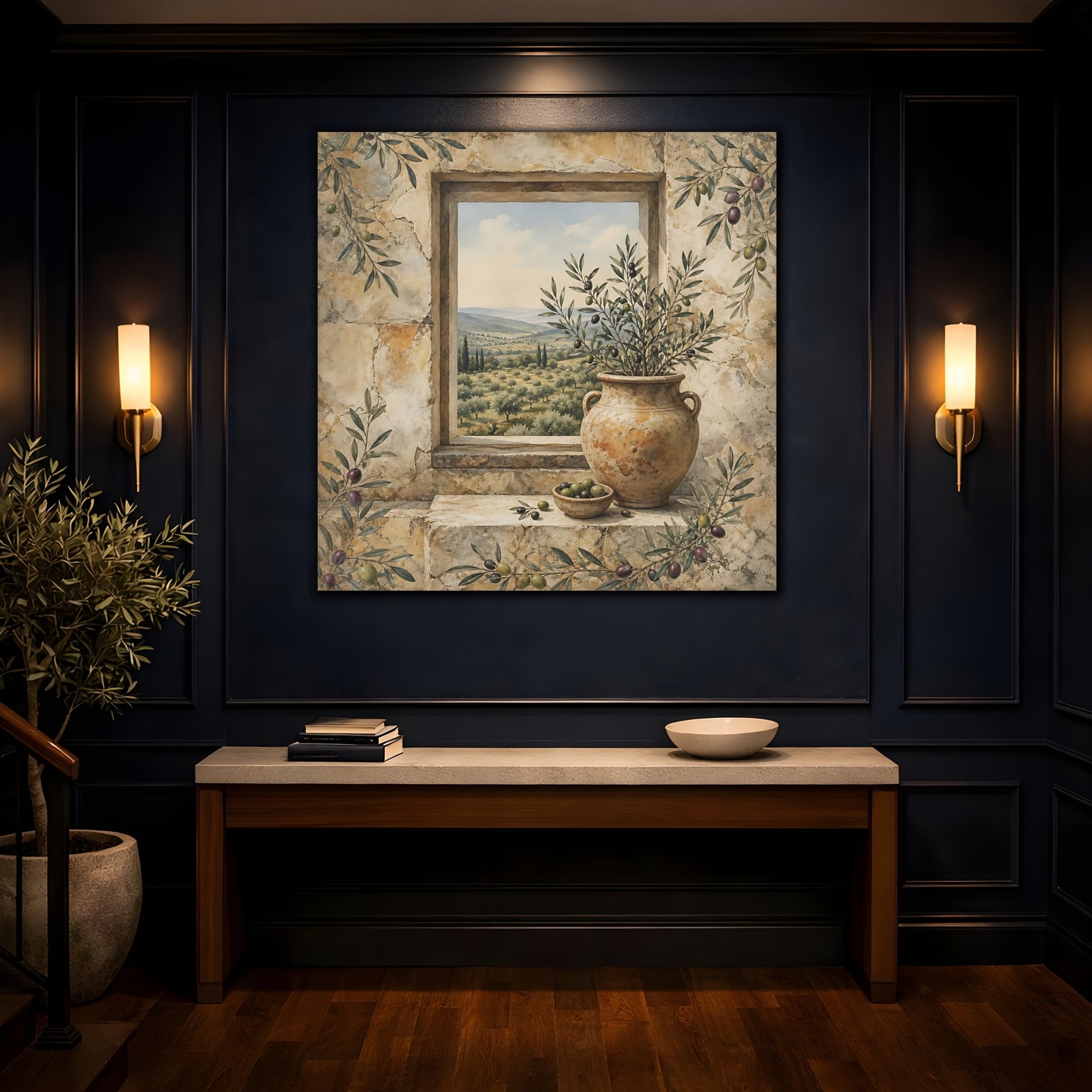 Mockup 4. Nature Olive Grove Olive Green And Stone shown as stretched canvas wall art