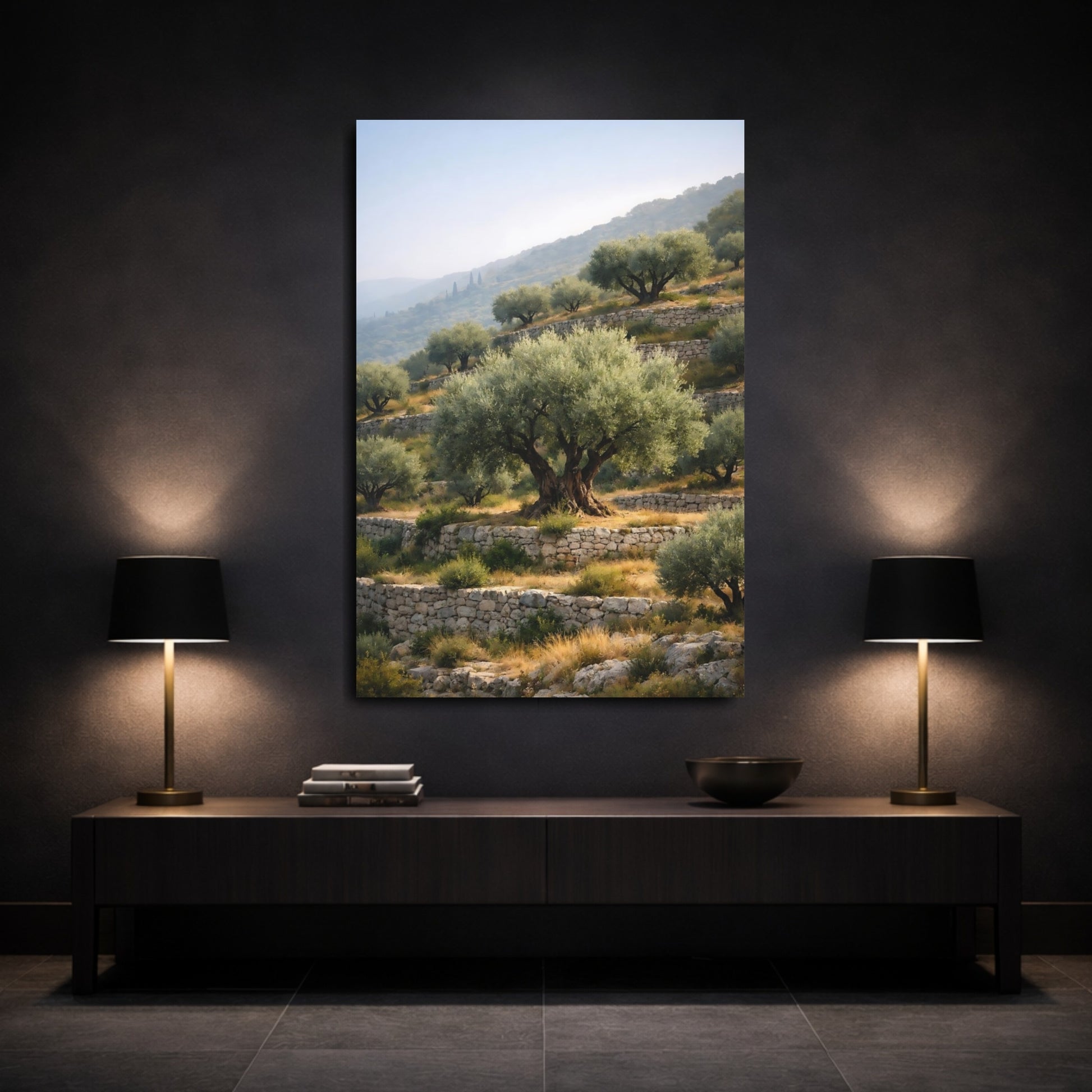 Mockup 2. Nature Olive Grove Olive Grove Landscape shown as stretched canvas wall art