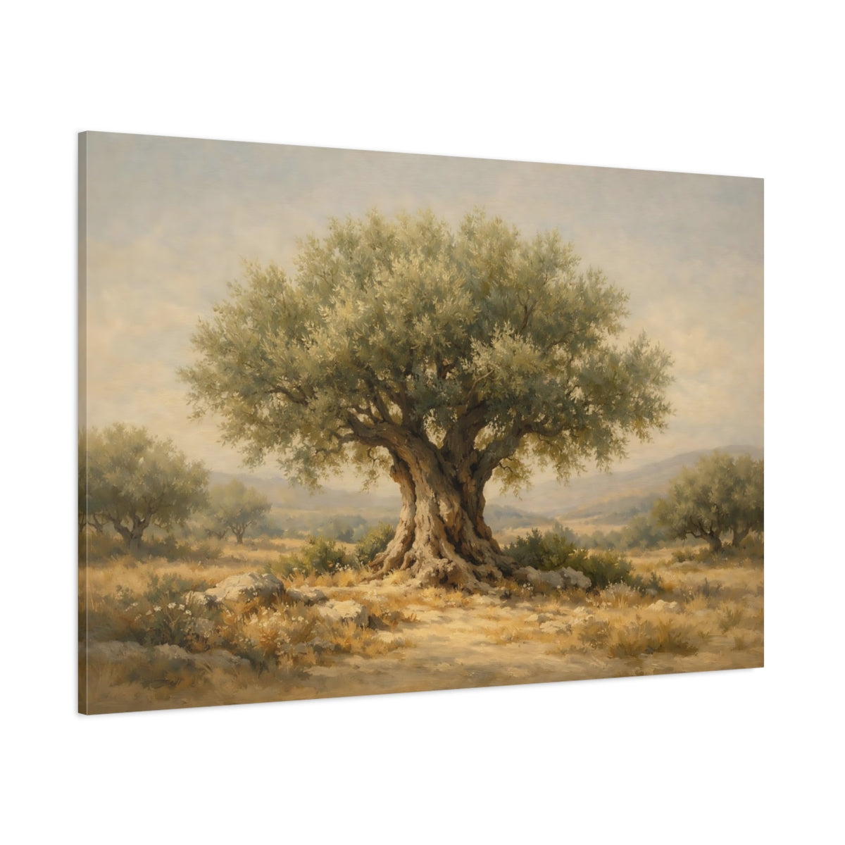 Main Mockup. Nature Olive Tree Green And Brown shown as stretched canvas wall art
