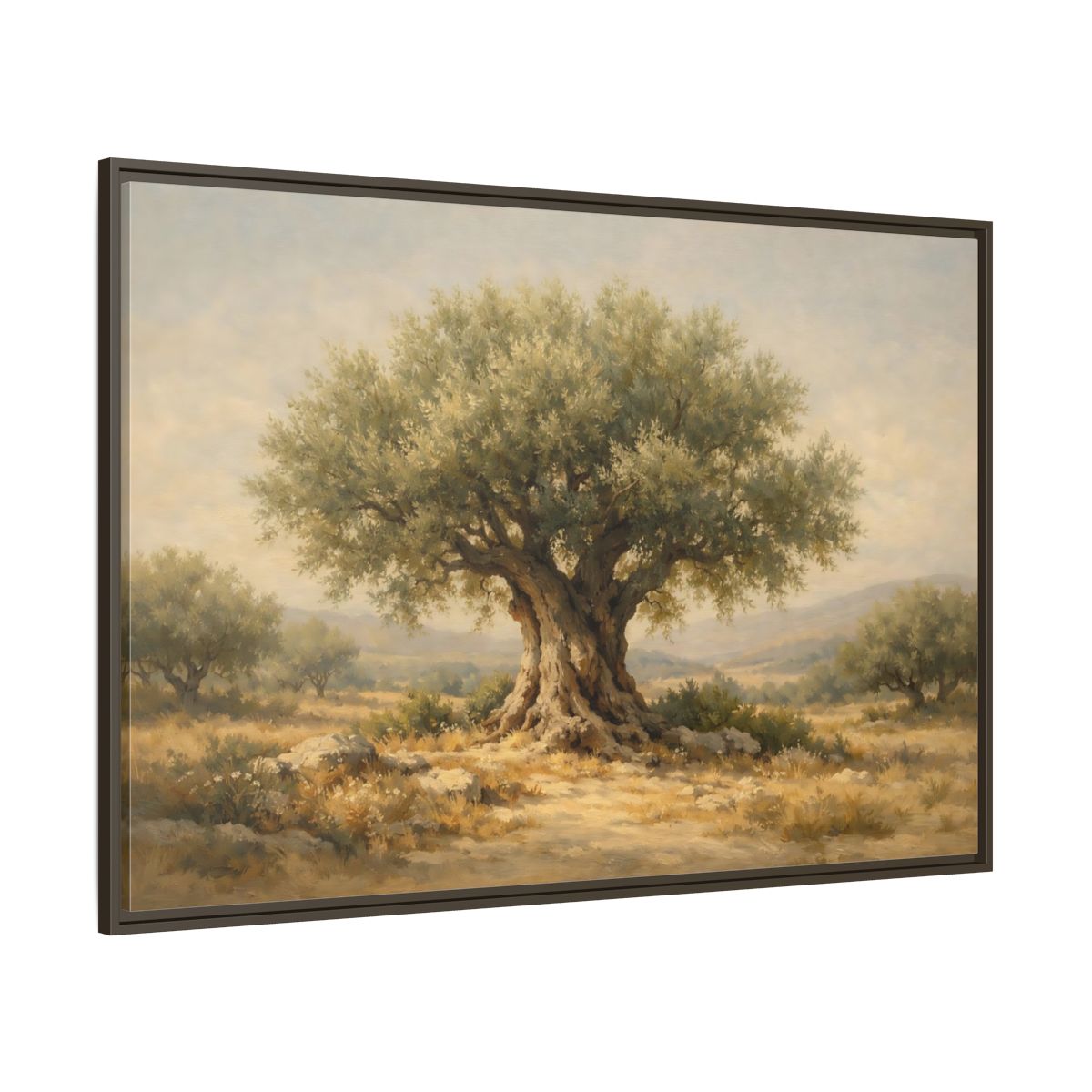 Main Mockup. Nature Olive Tree Green And Brown shown as stretched canvas wall art
