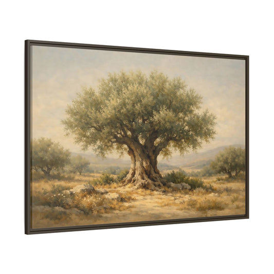 Main Mockup. Nature Olive Tree Green And Brown shown as stretched canvas wall art