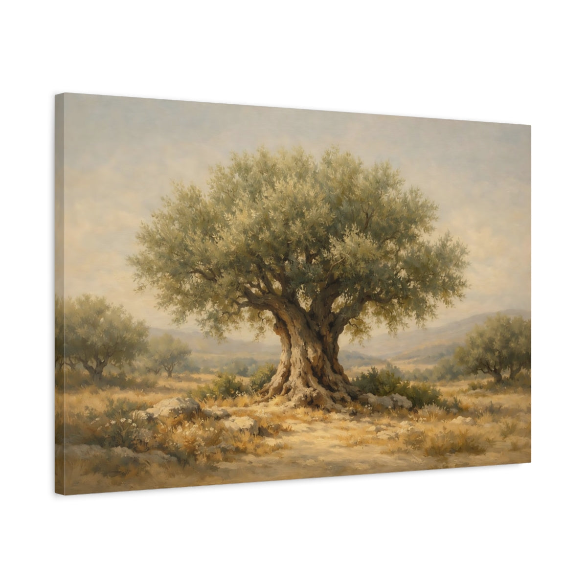 Side Mockup 2. Nature Olive Tree Green And Brown shown as stretched canvas wall art