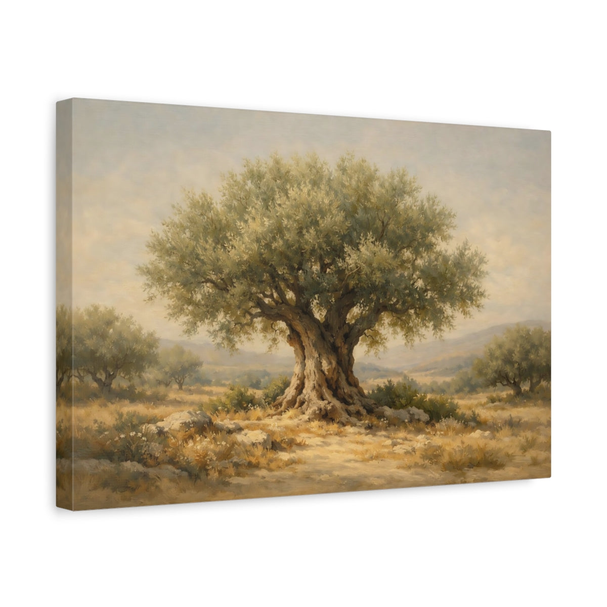 Side Mockup 4. Nature Olive Tree Green And Brown shown as stretched canvas wall art