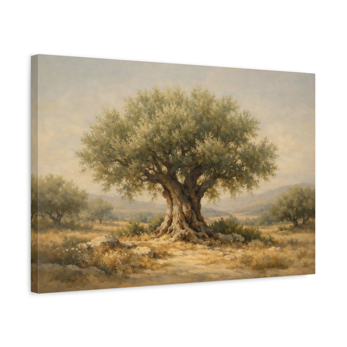 Side Mockup 3. Nature Olive Tree Green And Brown shown as stretched canvas wall art