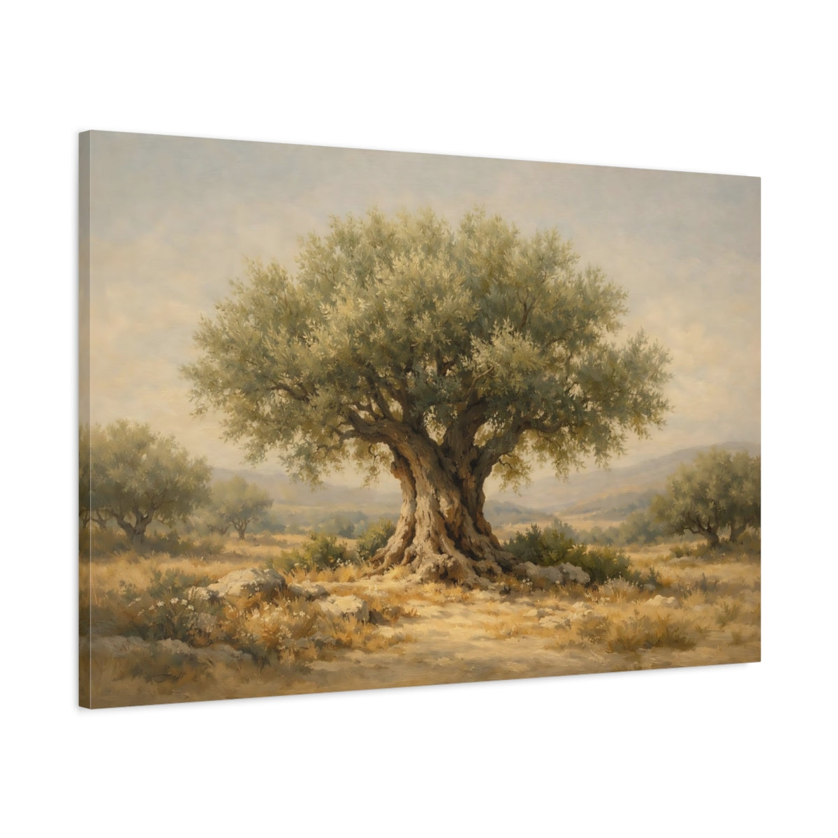 Side Mockup 1. Nature Olive Tree Green And Brown shown as stretched canvas wall art