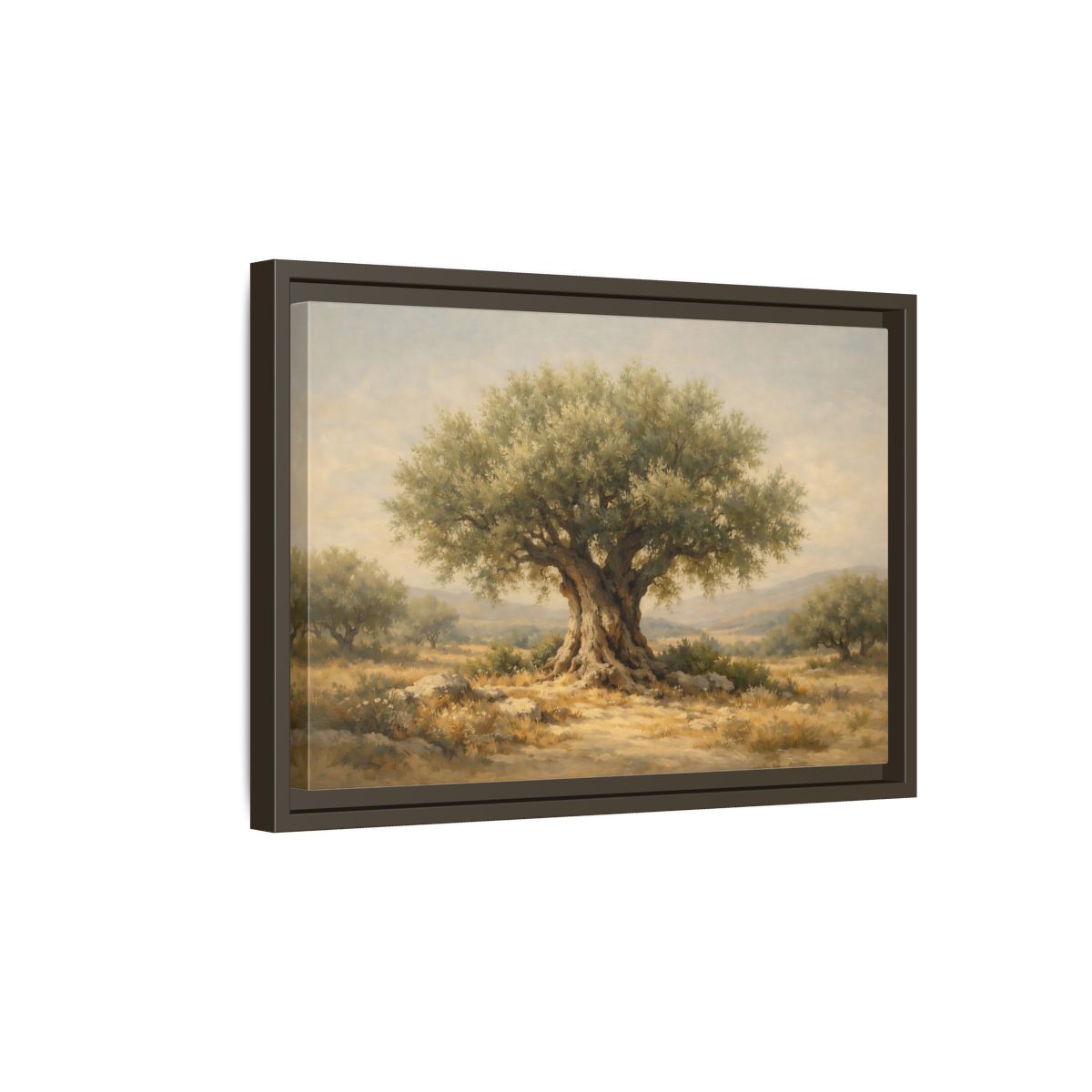 Side Mockup 5. Nature Olive Tree Green And Brown shown as stretched canvas wall art