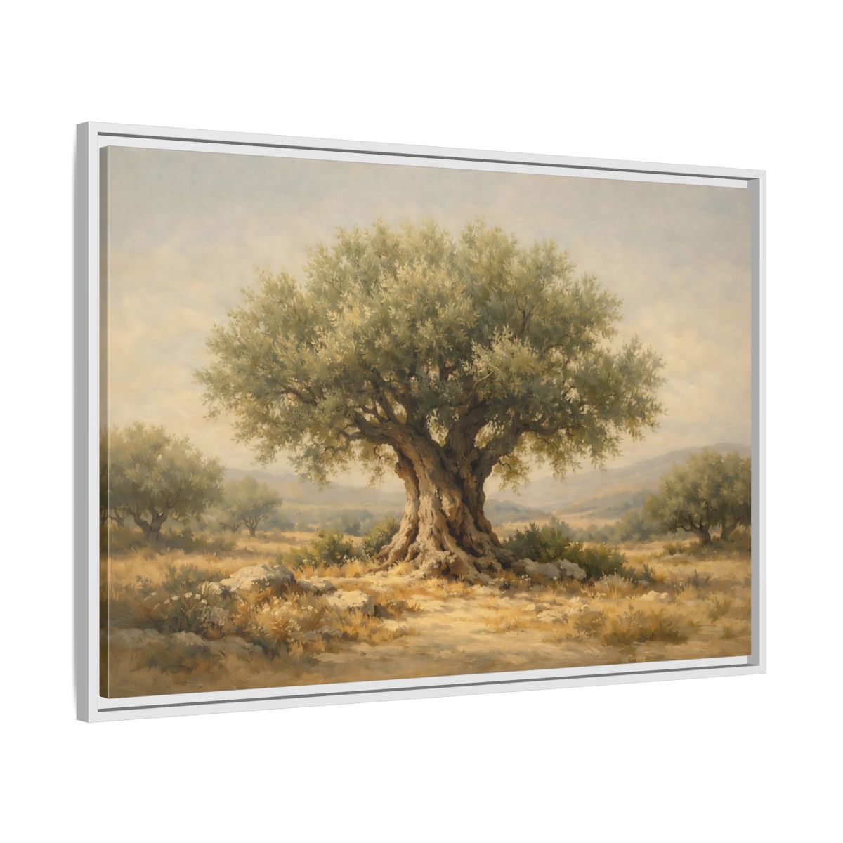 Side Mockup 8. Nature Olive Tree Green And Brown shown as stretched canvas wall art