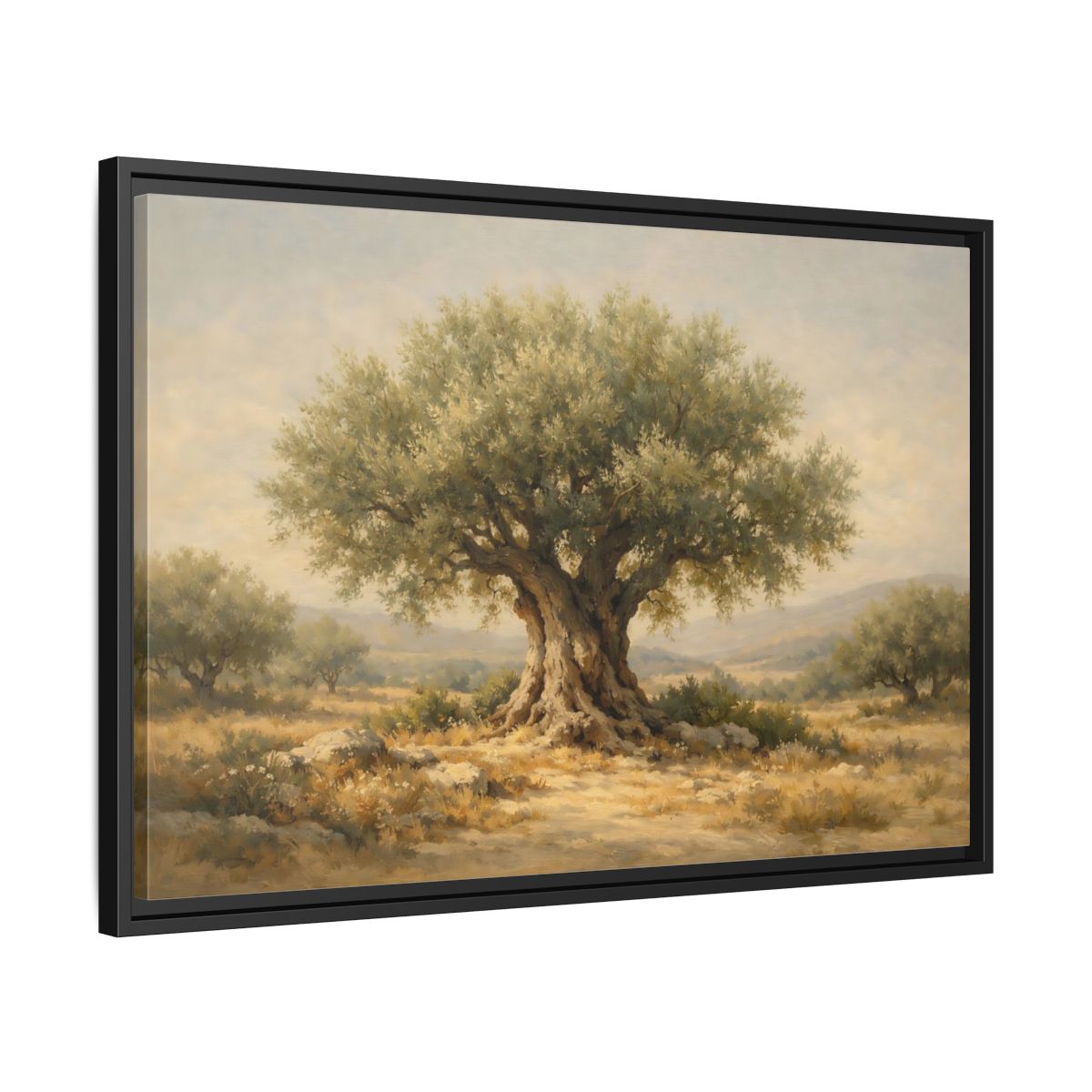 Side Mockup 14. Nature Olive Tree Green And Brown shown as stretched canvas wall art