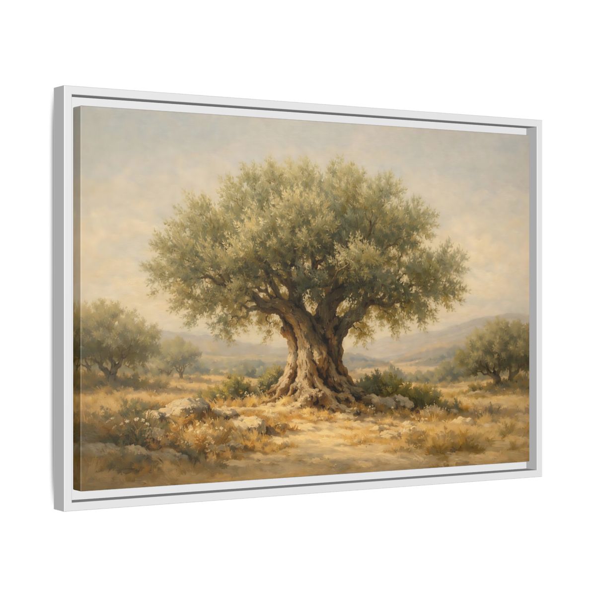 Side Mockup 10. Nature Olive Tree Green And Brown shown as stretched canvas wall art