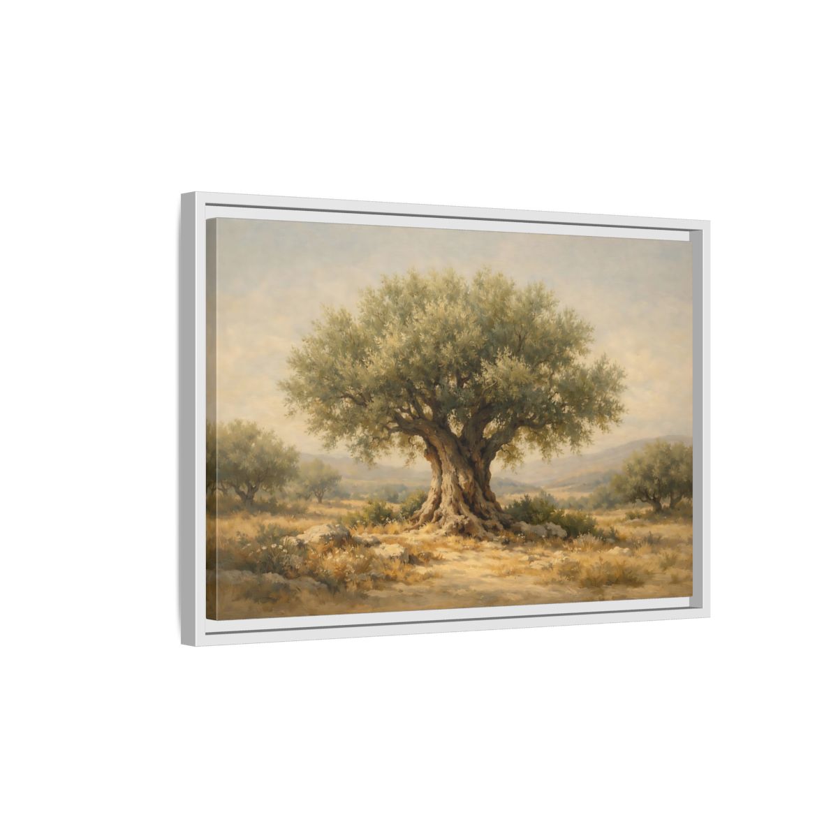Side Mockup 1. Nature Olive Tree Green And Brown shown as stretched canvas wall art