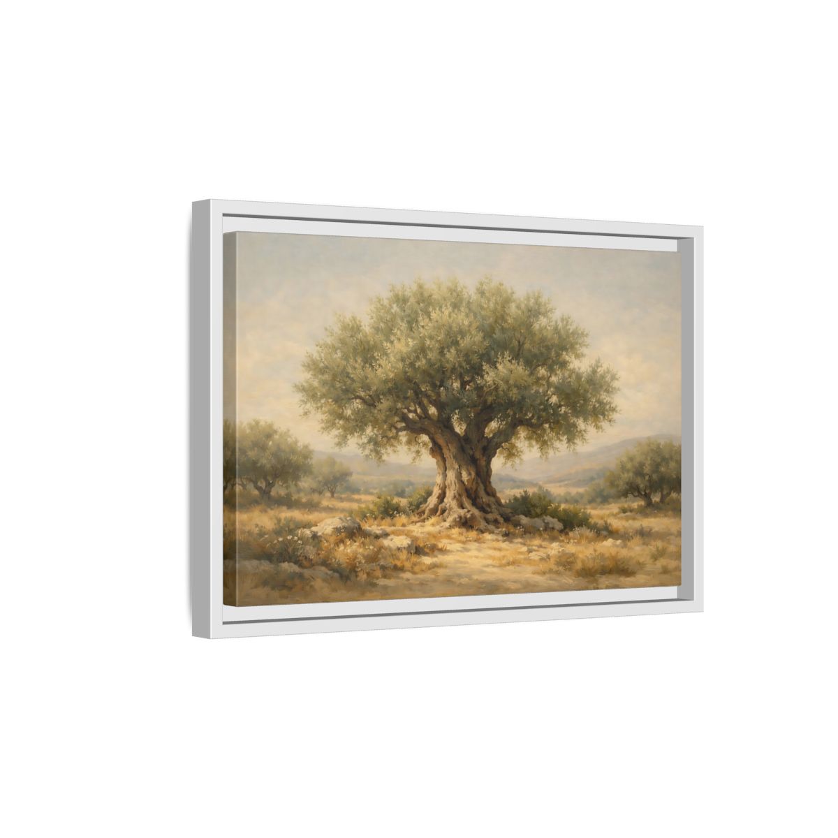 Side Mockup 4. Nature Olive Tree Green And Brown shown as stretched canvas wall art