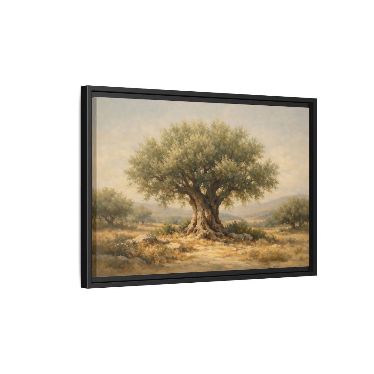 Side Mockup 3. Nature Olive Tree Green And Brown shown as stretched canvas wall art