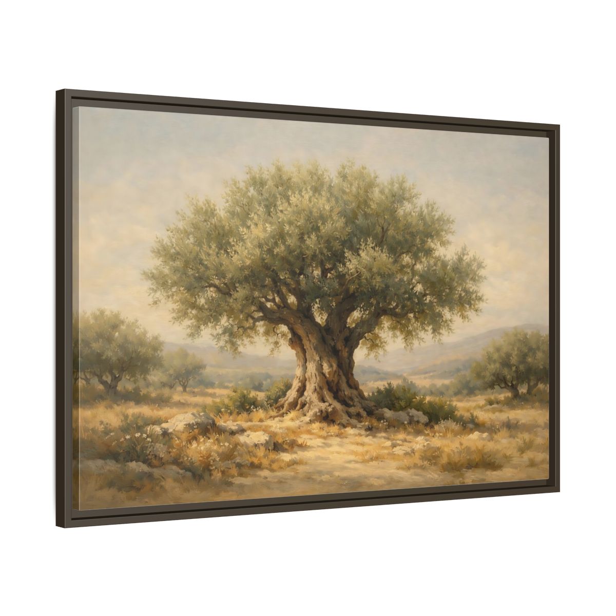 Side Mockup 9. Nature Olive Tree Green And Brown shown as stretched canvas wall art