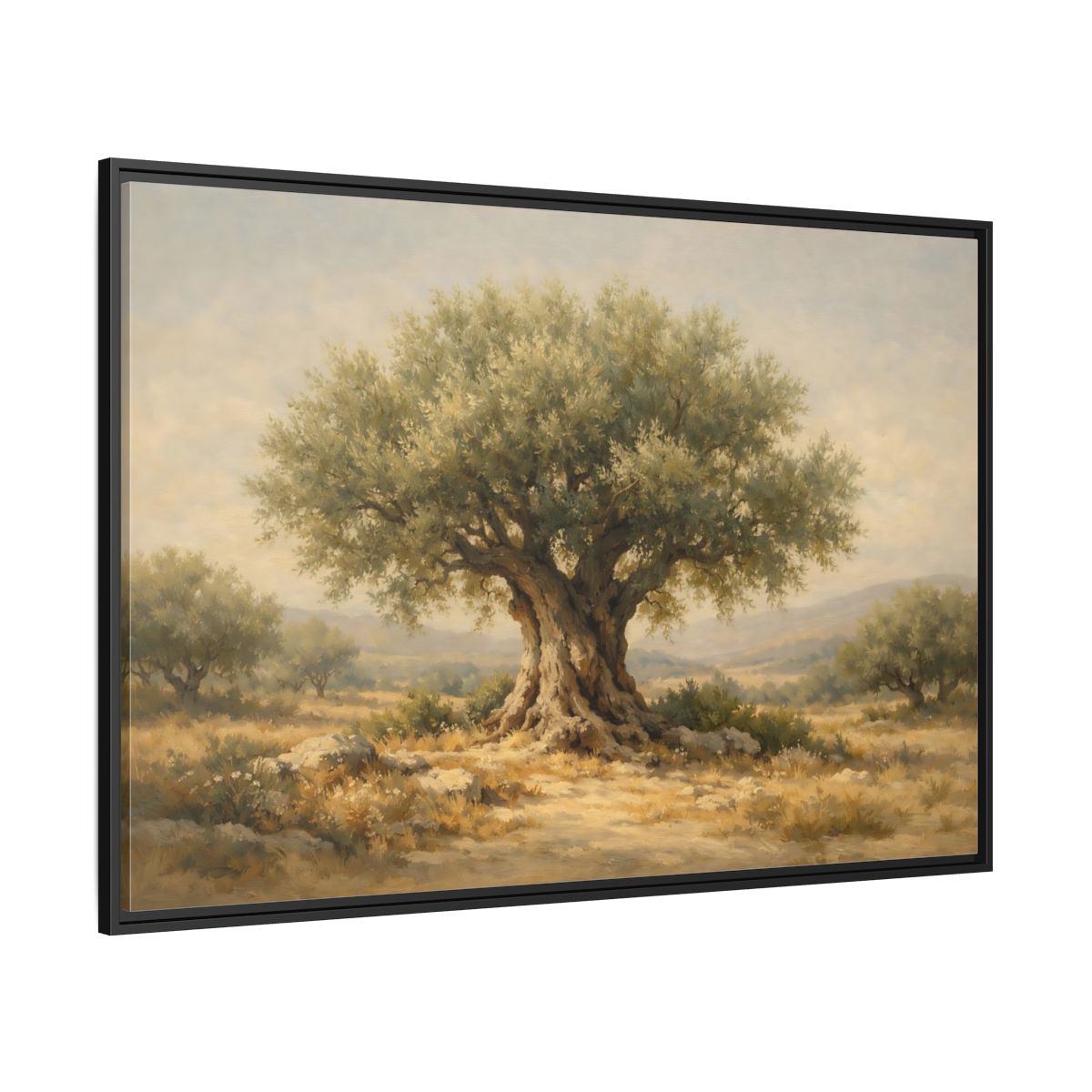 Side Mockup 12. Nature Olive Tree Green And Brown shown as stretched canvas wall art
