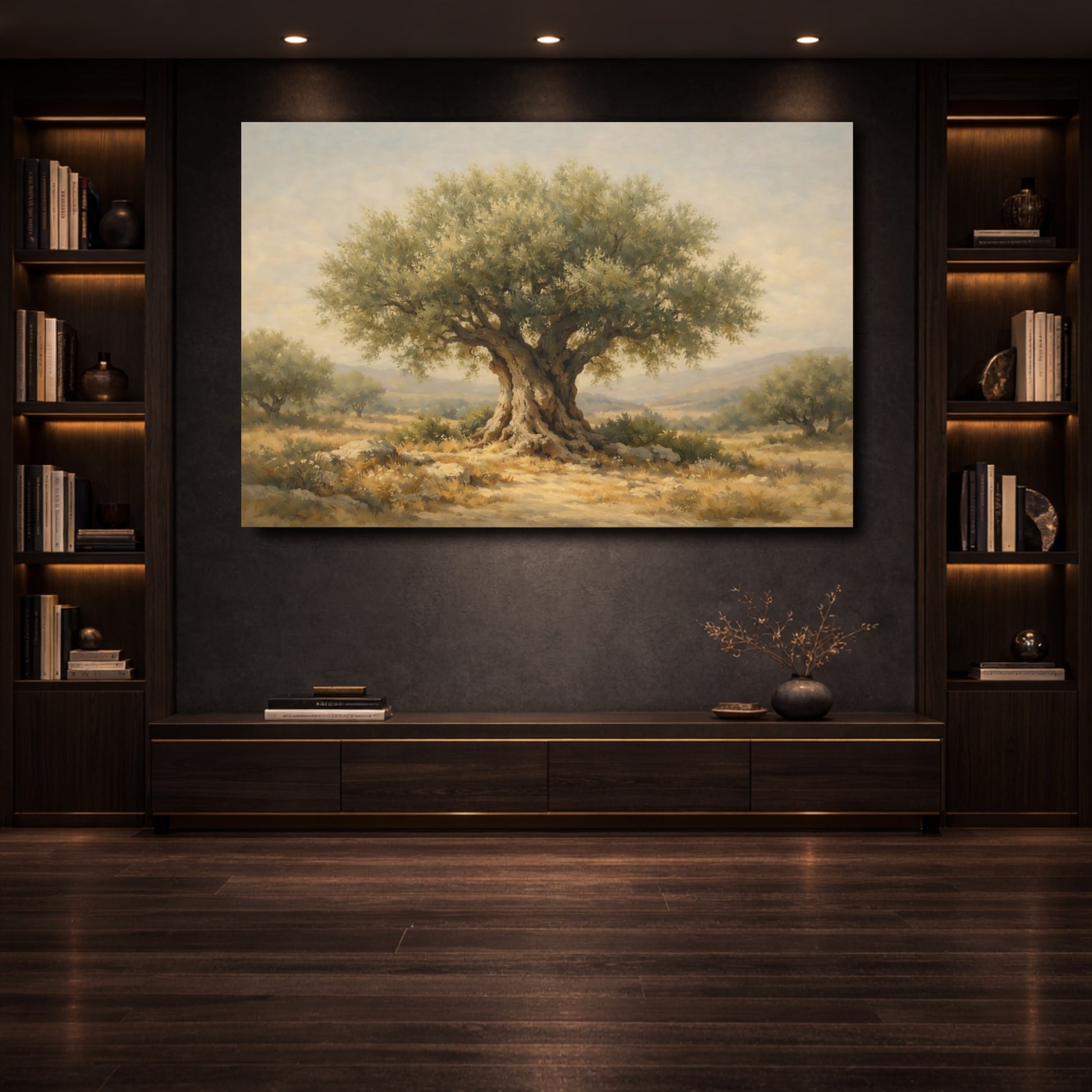 Mockup 3. Nature Olive Tree Green And Brown shown as stretched canvas wall art