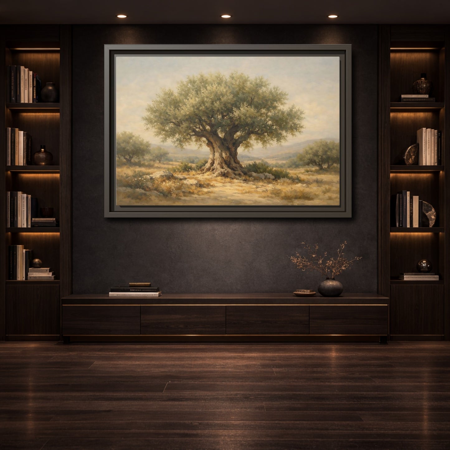 Mockup 3. Nature Olive Tree Green And Brown shown as stretched canvas wall art