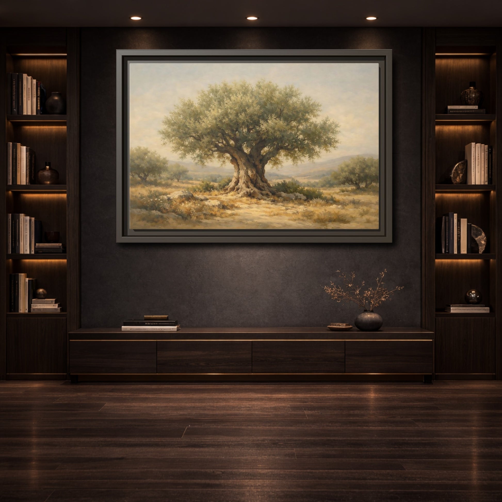 Mockup 3. Nature Olive Tree Green And Brown shown as stretched canvas wall art