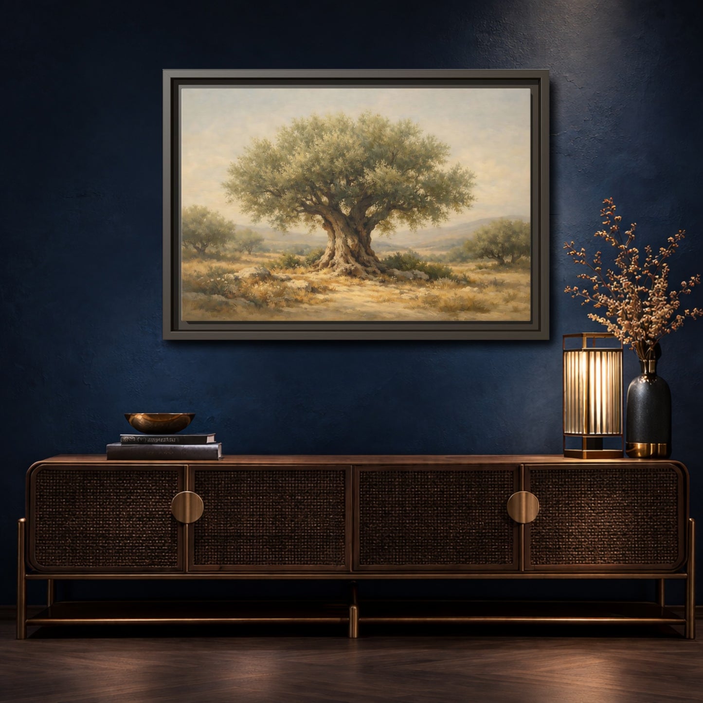 Mockup 4. Nature Olive Tree Green And Brown shown as stretched canvas wall art