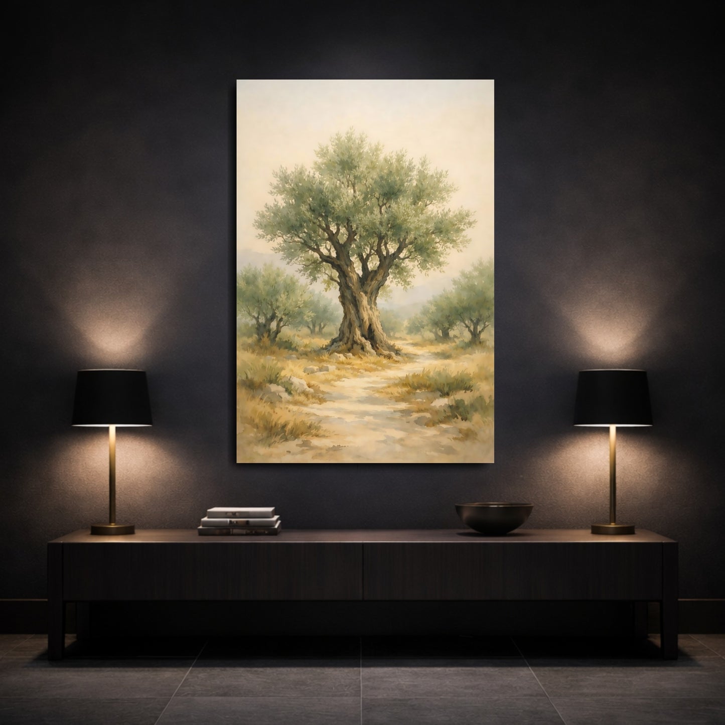 Mockup 2. Nature Olive Tree Green Olive Tree shown as stretched canvas wall art