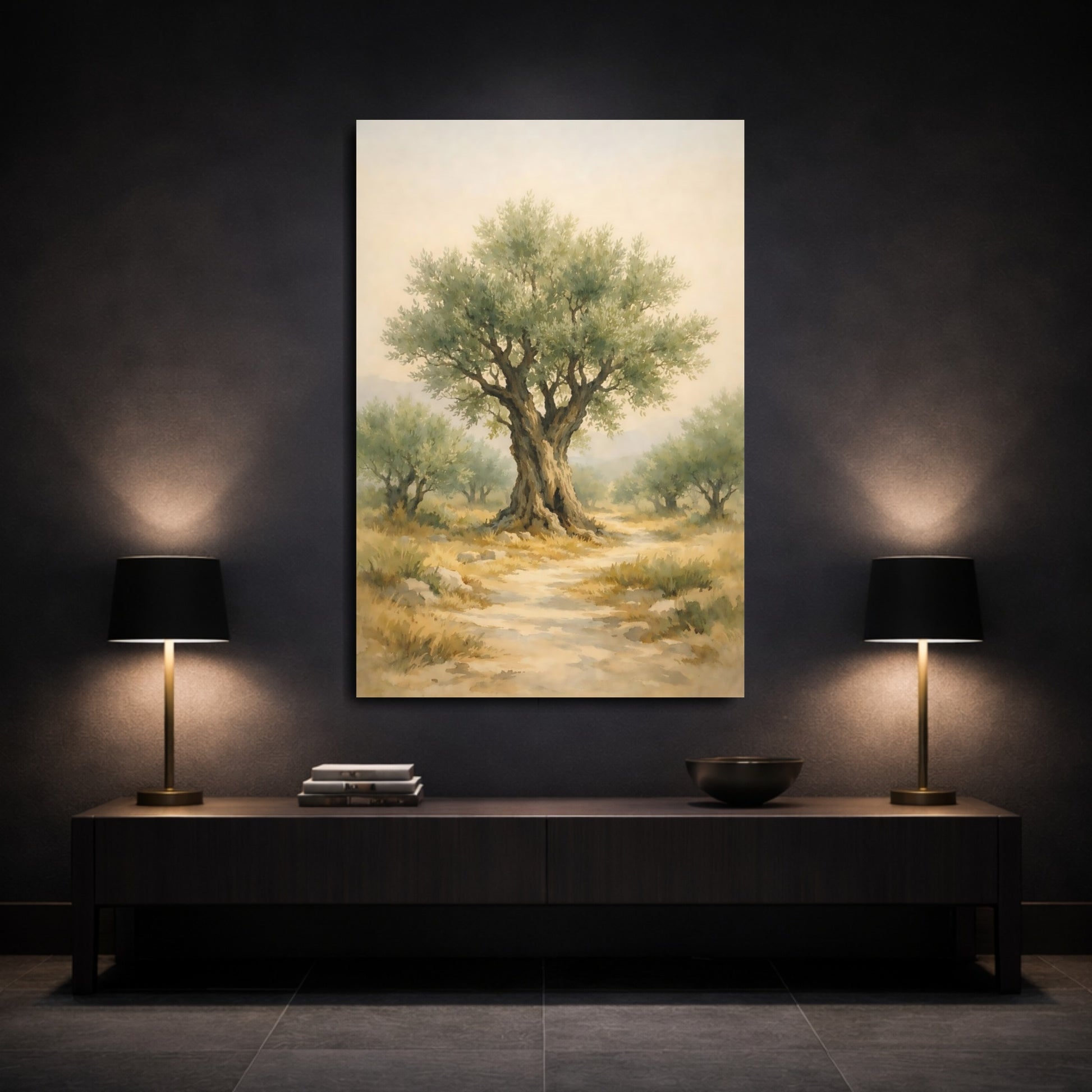 Mockup 2. Nature Olive Tree Green Olive Tree shown as stretched canvas wall art