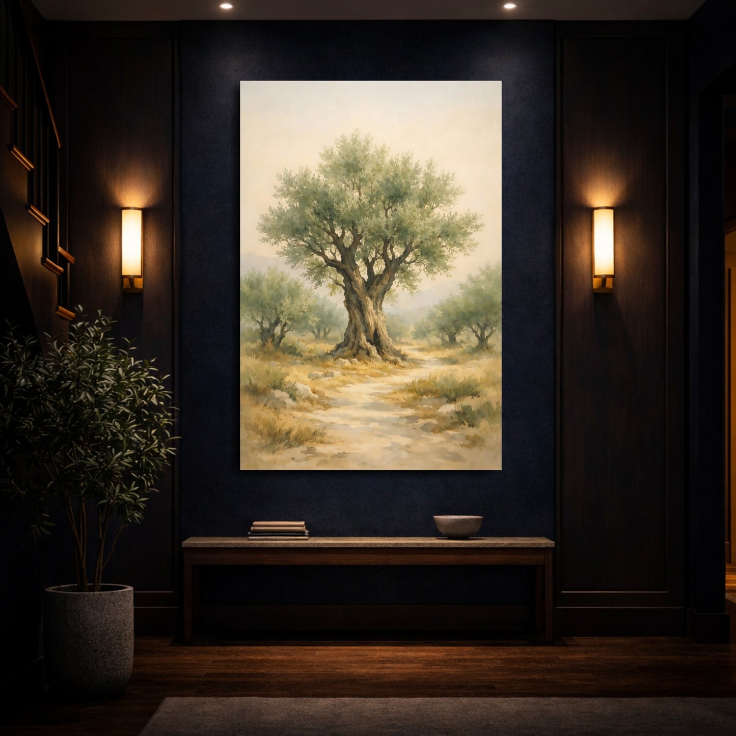 Mockup 3. Nature Olive Tree Green Olive Tree shown as stretched canvas wall art