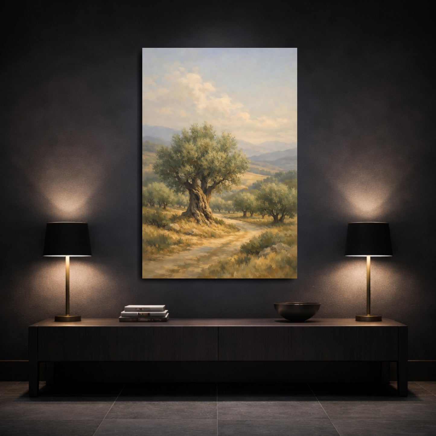Mockup 2. Nature Olive Tree Olive Grove shown as stretched canvas wall art