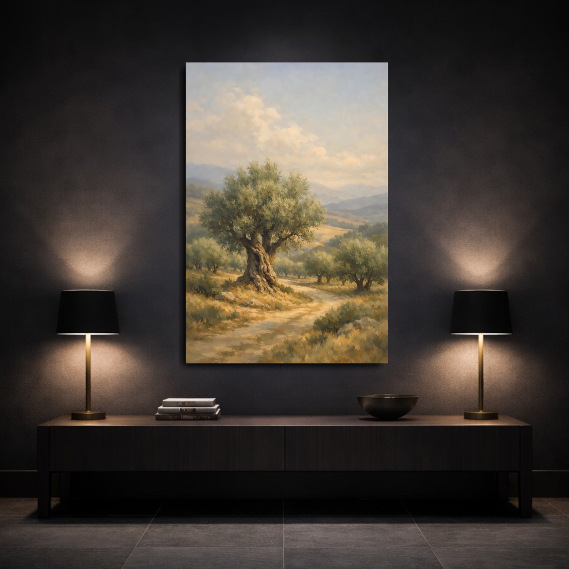 Mockup 2. Nature Olive Tree Olive Grove shown as stretched canvas wall art