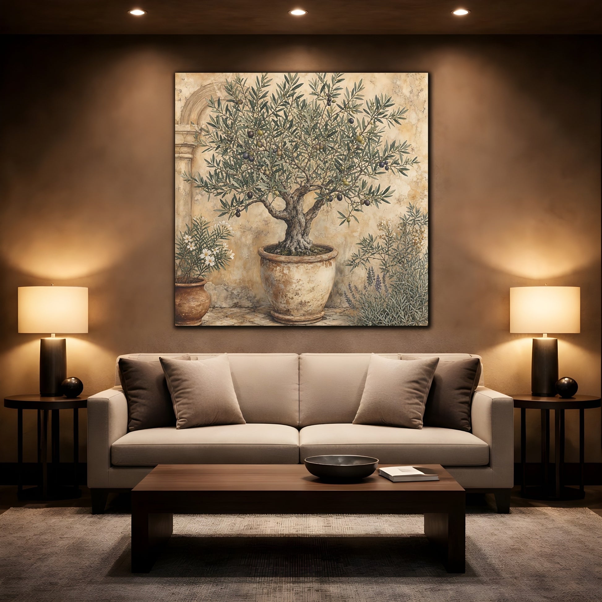 Mockup 2. Nature Olive Tree Olive Tree Green shown as stretched canvas wall art