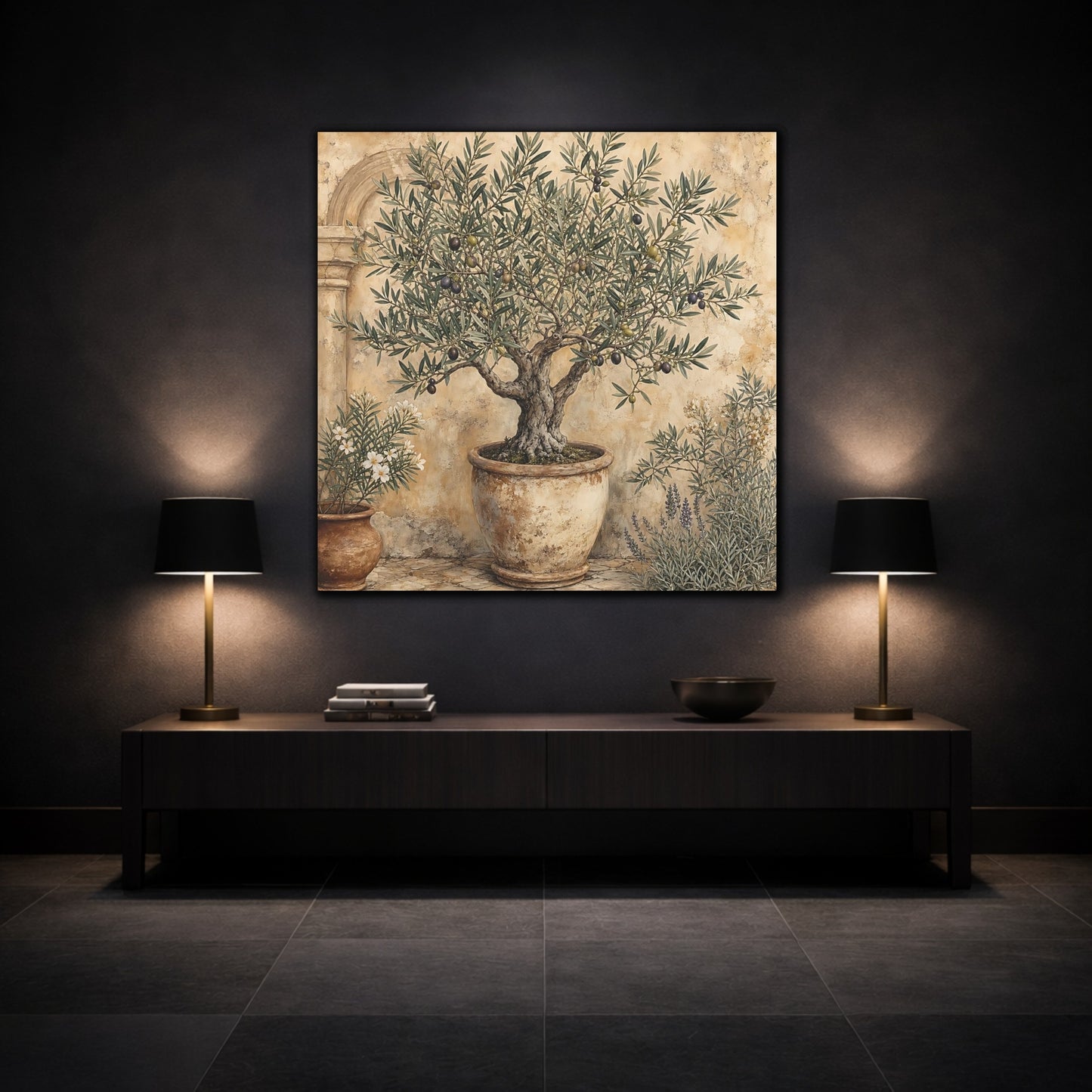 Mockup 3. Nature Olive Tree Olive Tree Green shown as stretched canvas wall art