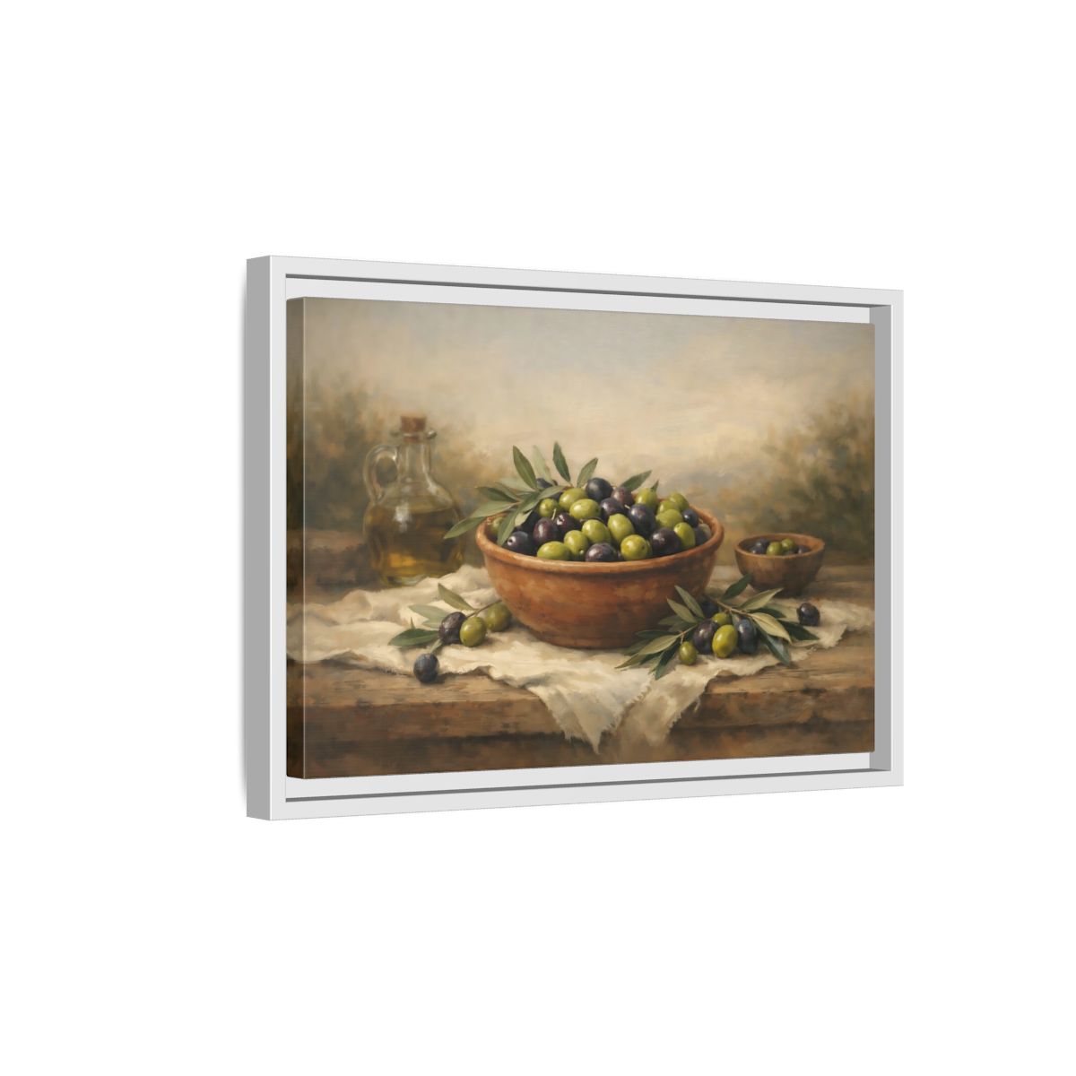 Side Mockup 4. Nature Olives Green And Purple Olives shown as stretched canvas wall art