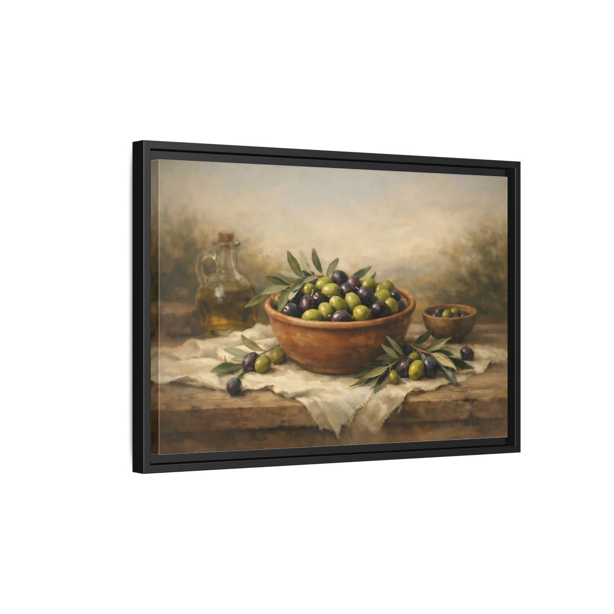 Side Mockup 3. Nature Olives Green And Purple Olives shown as stretched canvas wall art