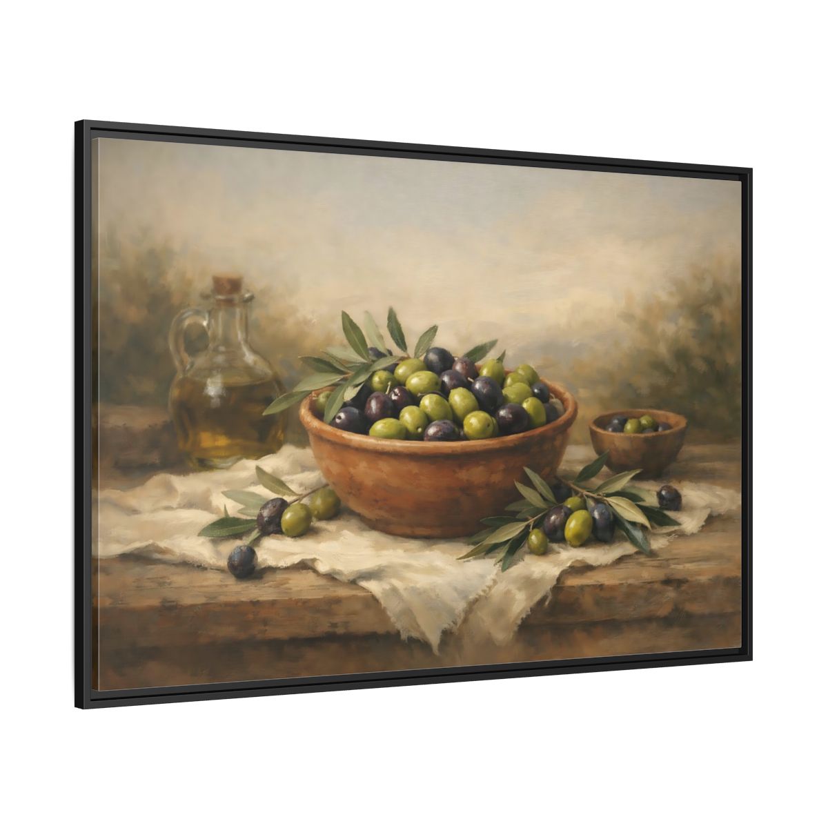 Side Mockup 12. Nature Olives Green And Purple Olives shown as stretched canvas wall art